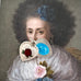 Vintage enamel guilloche heart and St Christopher charm on an old masters portrait of a woman
