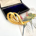 Vintage gold brooch in a box with a parrot illustration on a white background