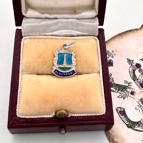 Vintage silver charm with 'Blackpool' inscription in a jewelry box