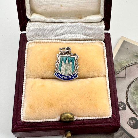 Vintage Edinburgh crest charm in a wooden box with velvet lining