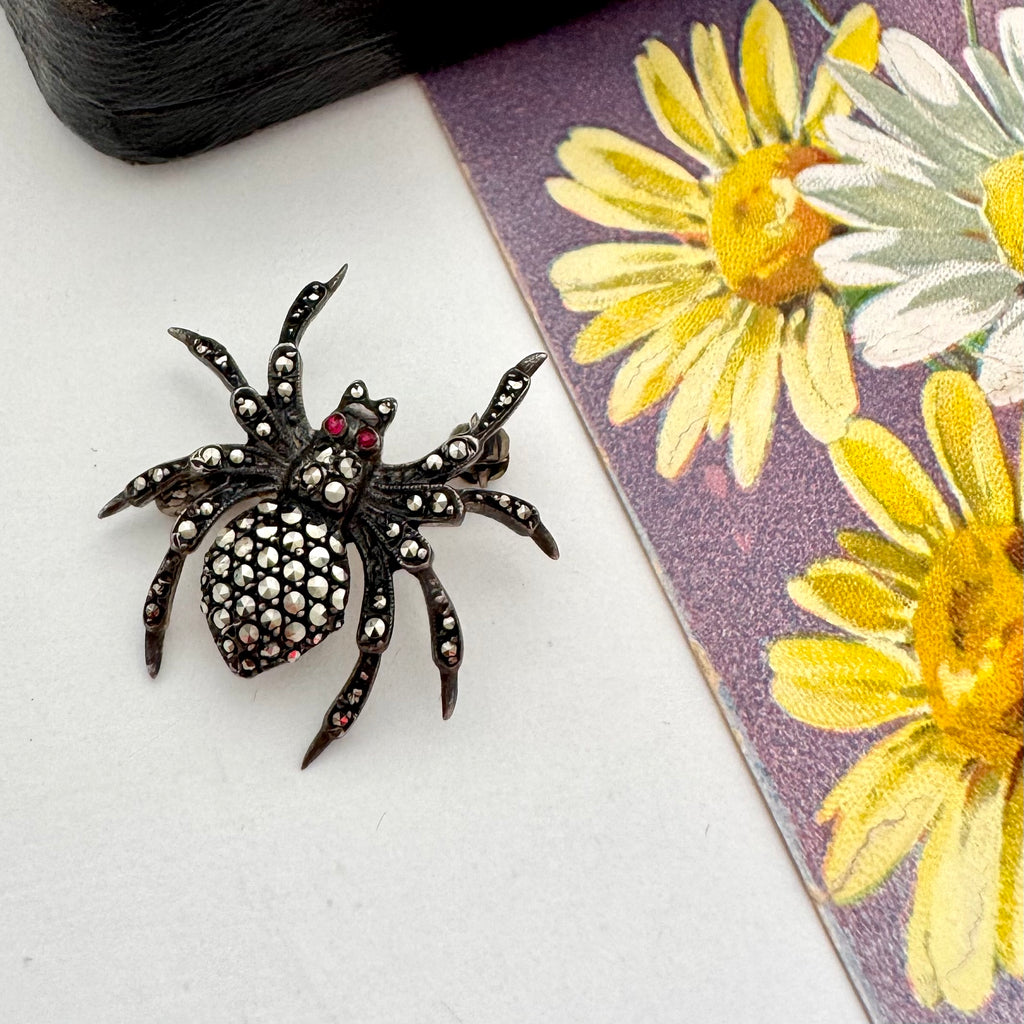 Black spider-shaped brooch on a white surface with a floral book in the background