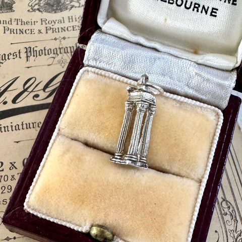 Vintage silver Rome columns charm on a vintage jewellery box