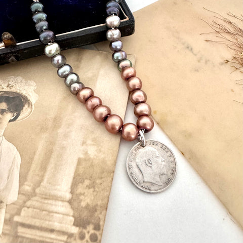 Vonk Jewellery pearl and silver 1904 threepence necklace on vintage postcards