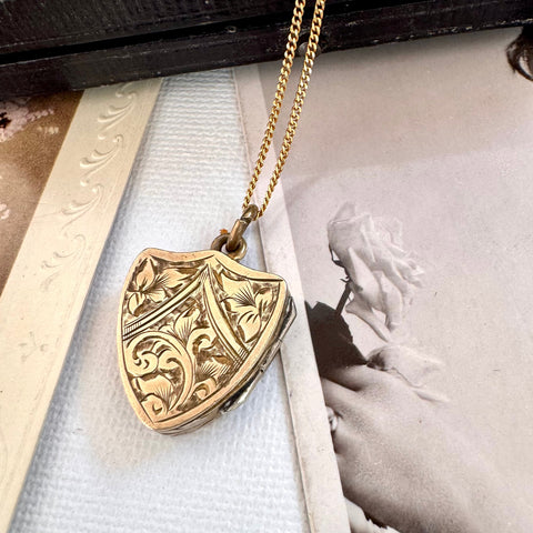 SOLD Edwardian Rolled Gold Shield Locket Necklace