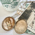 Vonk Jewellery c1880s Victorian buckle locket on pearl and silver chain and with a vintage postcard