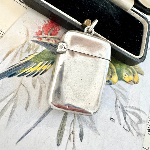 Vonk Jewellery antique 1889 silver vesta case on a vintage postcard of birds and a vintage jewellery box