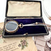 Vonk Jewellery antique rolled rose gold double sided photo locket necklace on vintage postcards and with a vintage jewellery box
