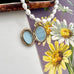 A close-up of a pearl beaded necklace with an open oval locket pendant featuring light blue inlay, resting on a floral card with daisies and a purple background.
