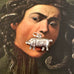 Close-up of a person with a silver pig charm in their mouth, inspired by classical art.